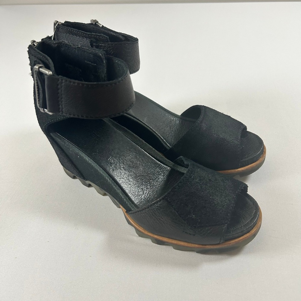 Sorel Joanie Sandals Women 8 Black Leather Wedge Ankle Strap Zip Platform Shoes